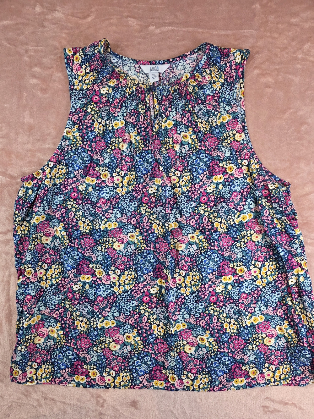 croft & barrow Navy Floral Sleeveless Tank with Pink & Yellow Accents